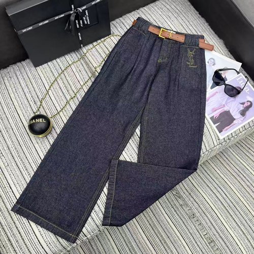 Yves Saint Laurent Denim Straight-Leg Pants with Embroidered Logo and Belt