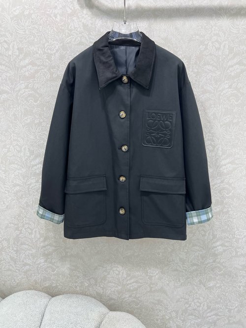 Loewe Elegant Turn-Over Jacket with Suede Collar, Checked Lining and Logo