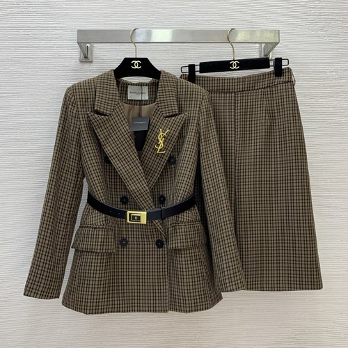 Yves Saint Laurent Commute-Style Checked Two-Piece Set with Skirt Belt