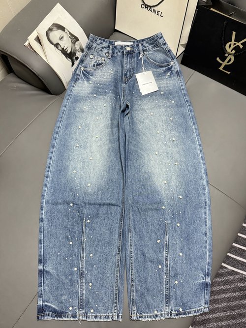 Polo Ralph Lauren Sparkling Rhinestone and Pearl Wide-Leg Jeans with Soft Fabric