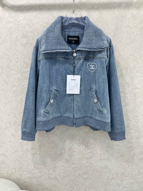 Chanel New Style Denim Jacket with Double C and Heart Embroidery