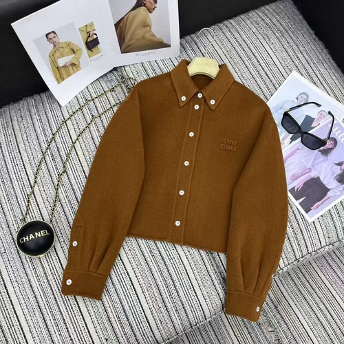 Miu Miu Collared Shirt-Style Double-Sided Woolen Top with Embroidered Patches