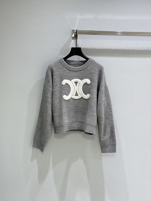 Celine Heavy Knit Round Neck Sweater with Triumphal Arch Logo
