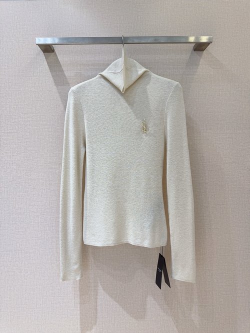 Yves Saint Laurent High-Neck Sequin Knit Top with Logo for Autumn