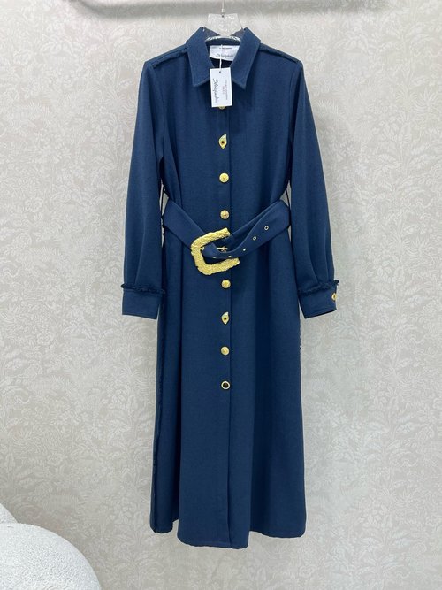 Schiaparelli Long Dress Coat with Lapel and Single-Row Buttons in Navy Tweed