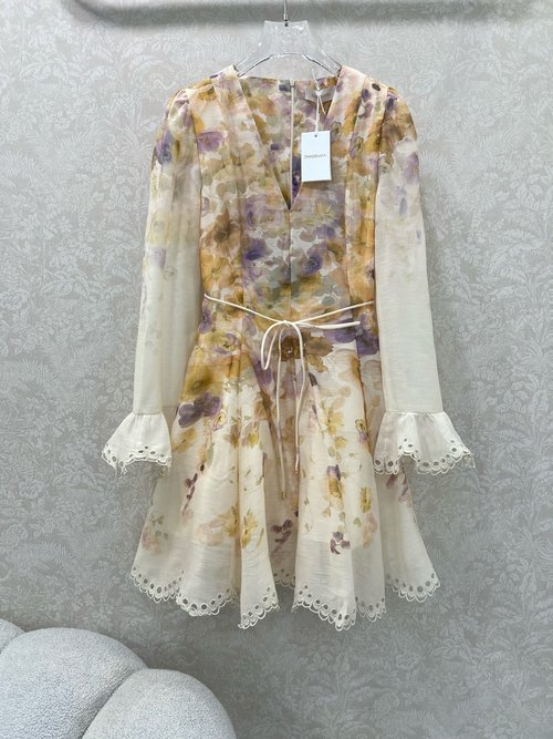 Zimmermann V-Neck Dress with Lace Sleeves and Large Print Pattern