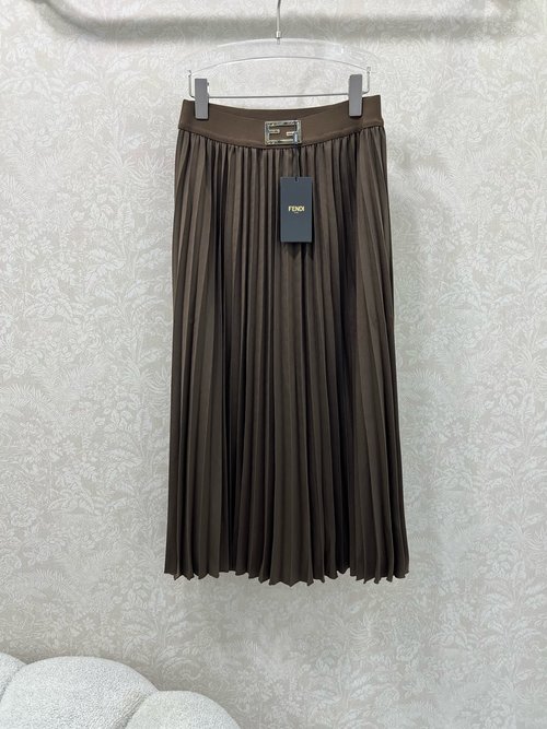 Fendi Solid Color Pleated Skirt with Double F Metal Ornament on Waistband