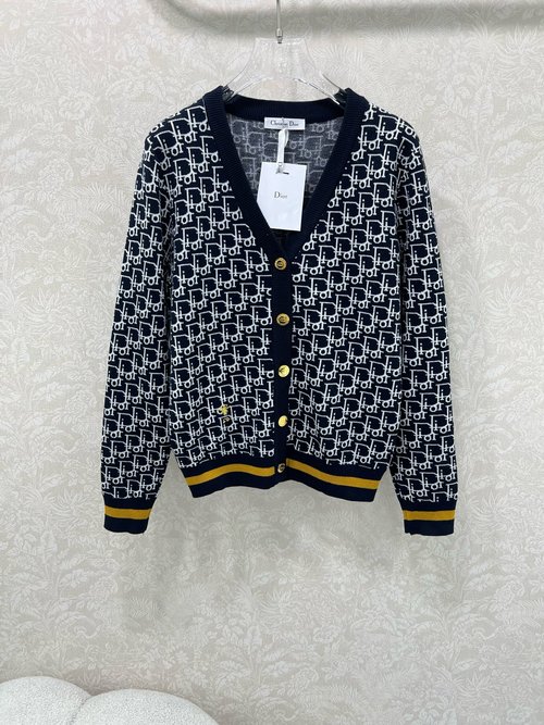 Dior Wool V-Neck Knit Cardigan with Letter Jacquard and Bee Embellishment