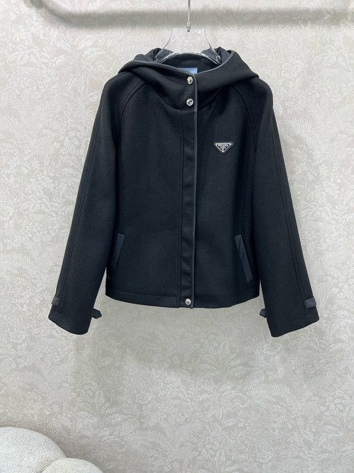 Prada Hooded Woolen Jacket with Custom Zipper and Geometric Logo Accent