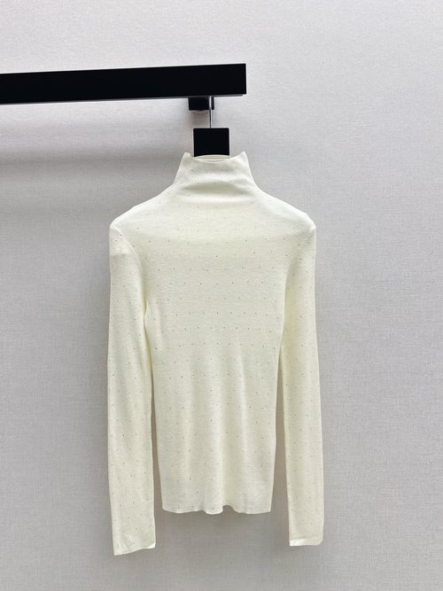 Brunello Cucinelli High-Neck Base Layer Shirt with Embellishments, Wool Blend Fabric