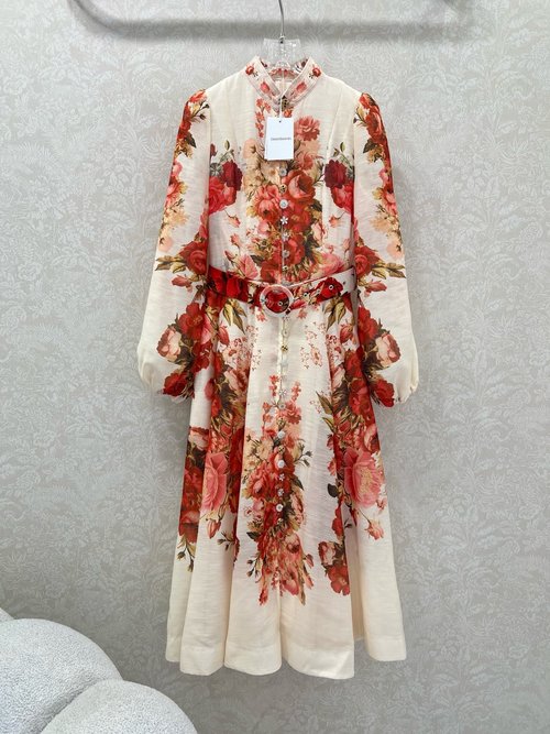 Zimmermann Rose Print Long Dress with Stand-Collar and Lantern Sleeves