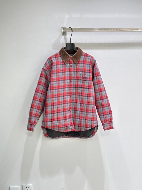 Prada Soft Ecological Down Shirt with Checked Pattern and Hidden Buttons
