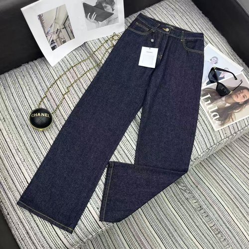 Chanel Embroidered Bow Pocket Straight Jeans