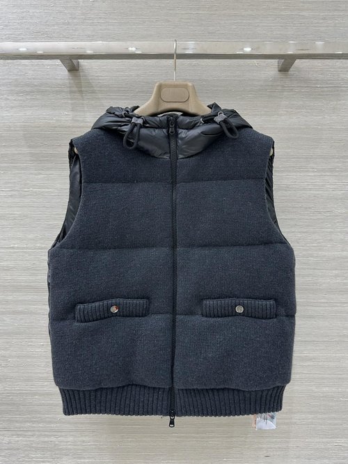 Brunello Cucinelli Exclusive Knit-Spliced Down Vest with 100% Wool Shell for Elegant Appearance