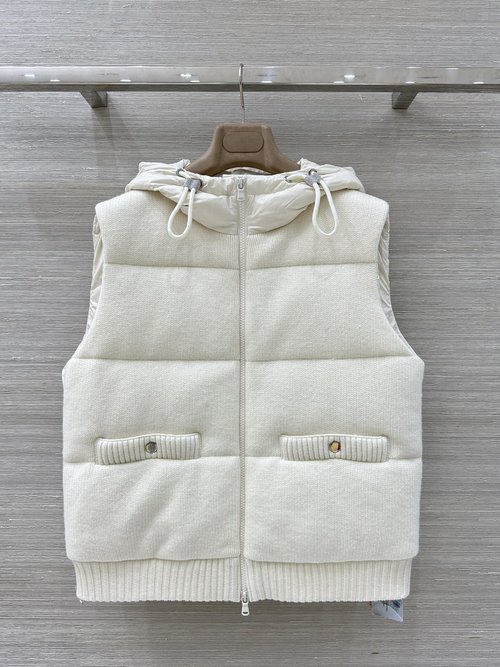 Brunello Cucinelli Exclusive Knit-Spliced Down Vest with 100% Wool Shell for Elegant Appearance