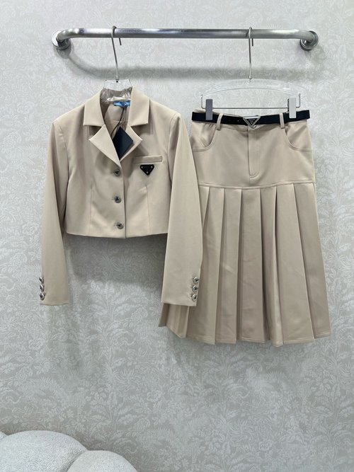 Prada Classic Suit Set with Lapel Jacket and Belted Skirt