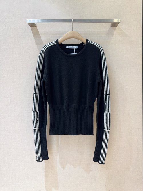 Dior Heart Round-Neck Sweater with White Striped Sleeves