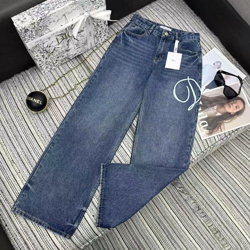 Dior Recommended Embroidered Letter Denim Straight-Leg Pants