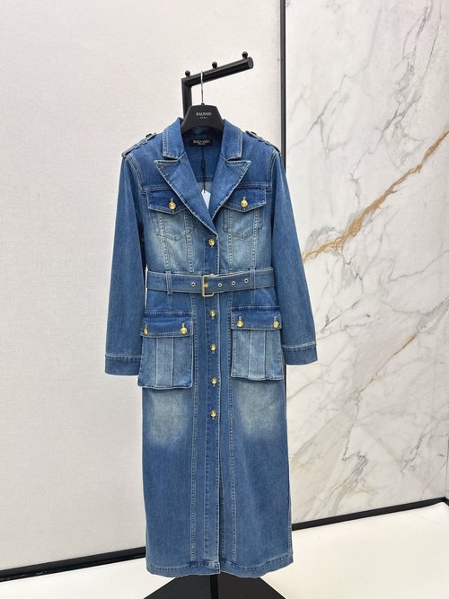 Balmain Bal Workwear Style Long Denim Dress with Shoulder Buttons