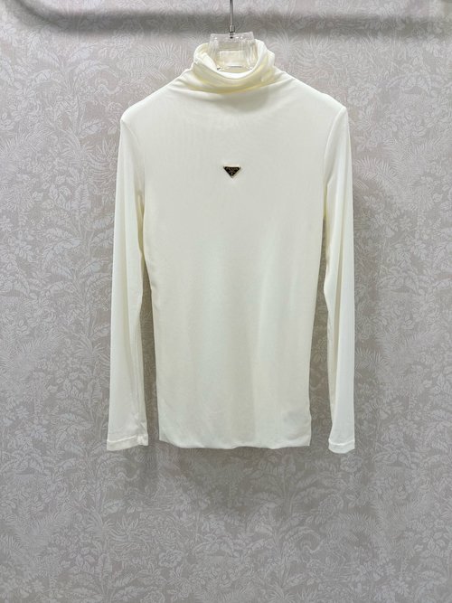 Prada Mesh Turtleneck Blouse with Metal Logo, Soft and Elegant Fit