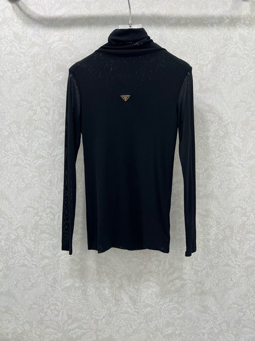 Prada Mesh Turtleneck Blouse with Metal Logo, Soft and Elegant Fit