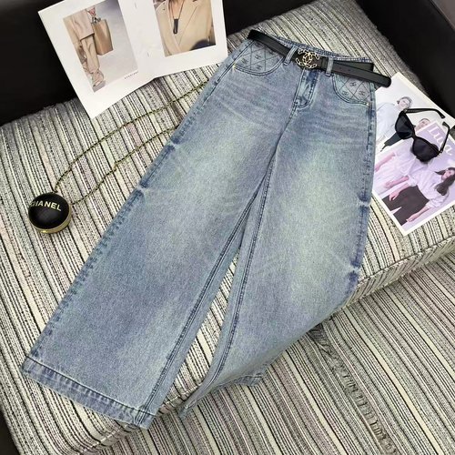 Chanel Cowboy Straight Pants with Hot Drill Double C Logo and Belt