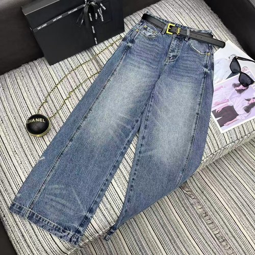 Yves Saint Laurent Recommended Rhinestone Letter Logo Wide-Leg Jeans with Custom Belt