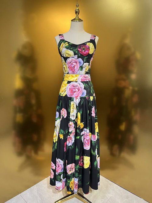 Dolce & Gabbana Cotton Corset and Long Skirt with Rose and Peony Prints