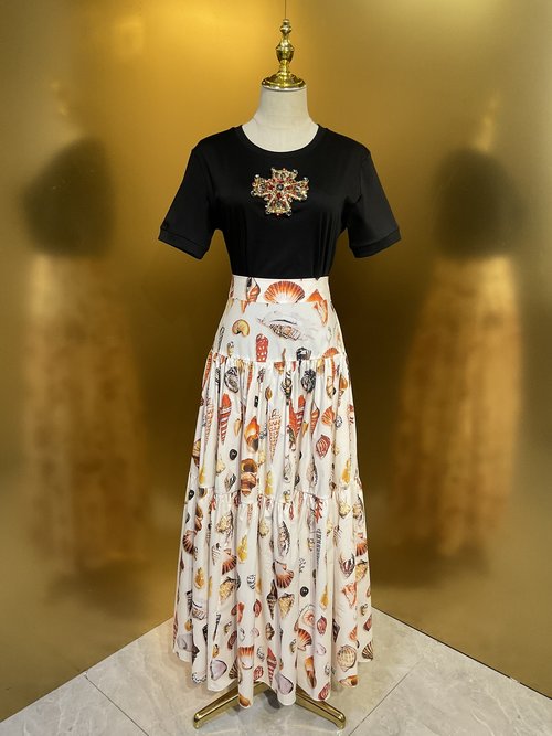 Dolce & Gabbana Conch Shell Printed Cotton Maxi Skirt