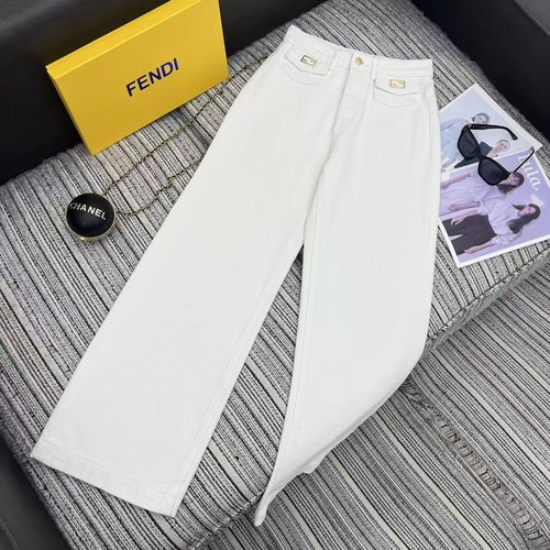 Fendi Custom-fabric Straight-leg Trousers with Metal Pockets
