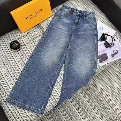 Louis Vuitton Recommended Straight Jeans with Classic Monogram Leather Ears and Embroidery