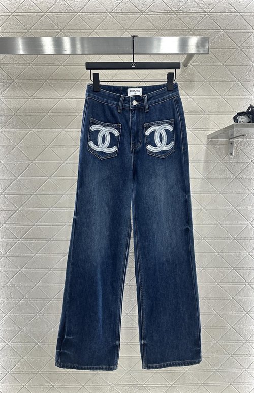 Chanel Customized Twill Cotton High-Waist Flare Jeans with Embroidered Logo