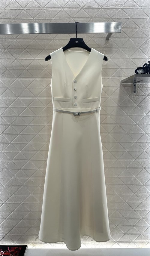 Dior Custom YB Acetate Belted Dress with V-neck and Back Waist Tie