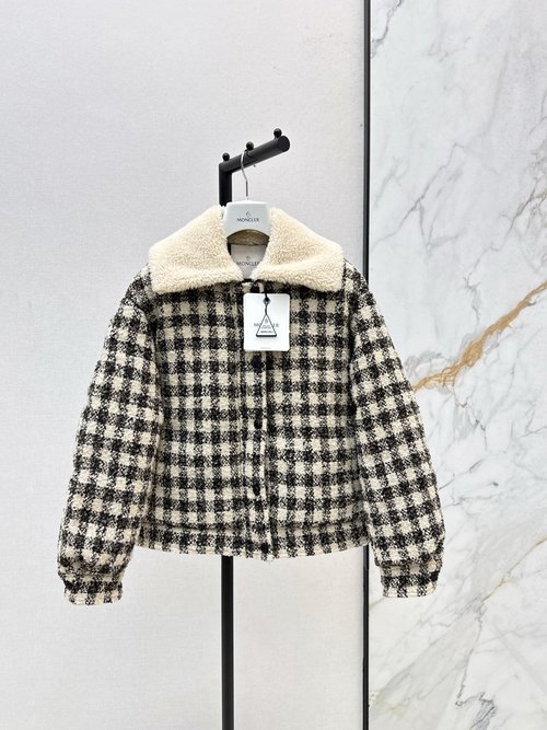 Moncler Runway-inspired Down Jacket, Teddy Fleece Collar and Checked Fabric