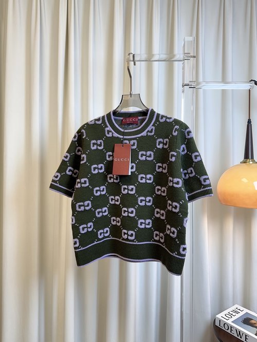 Gucci Wool Short-sleeved Top with All-over Logo, Soft and Stylish