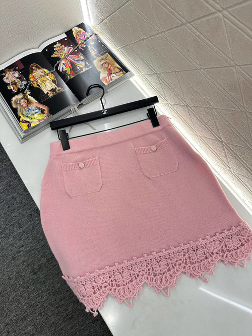 Chanel Lace Knit Cardigan and Skirt Set with Double C Buckle