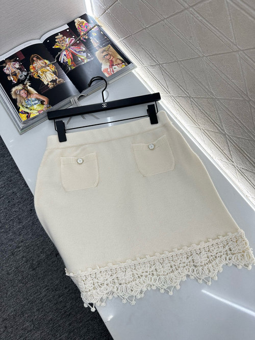 Chanel Lace Trim Knit Cardigan and Skirt Set, Comfortable and Elegant