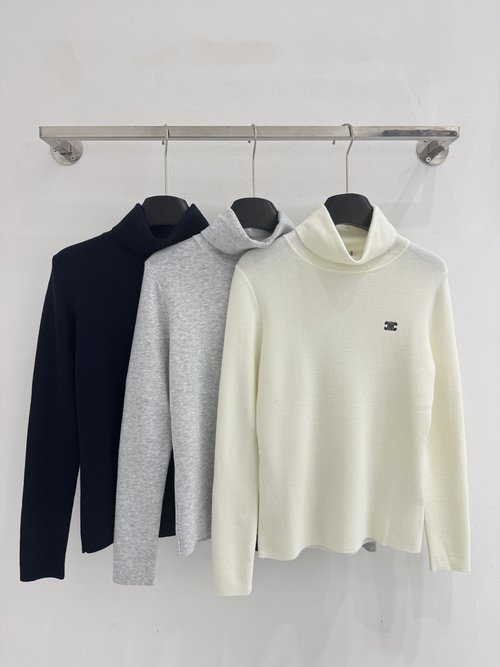 Celine High-Neck Knit Sweater with Brand Logo and Breathability