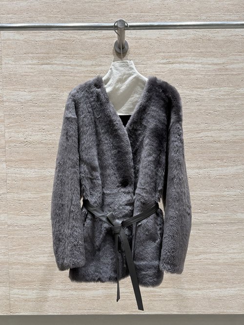 Max Mara Imported South African Lomann Fur Coat with Small V-neck and Belt
