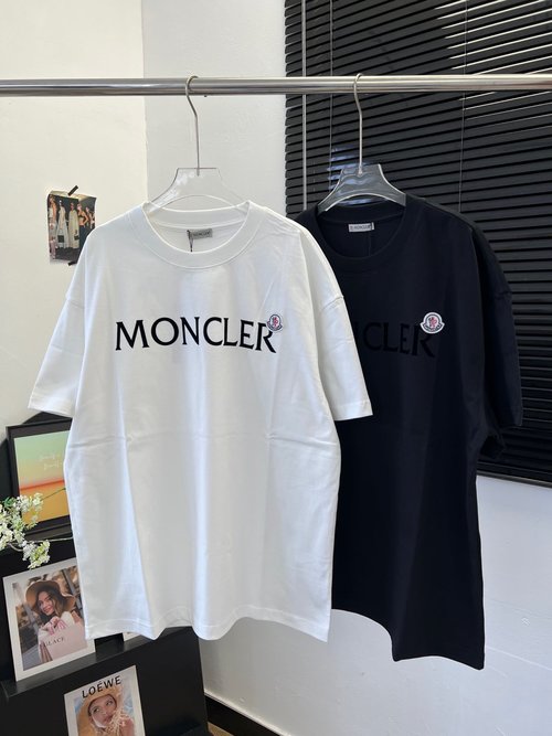 Moncler Latest: Cotton Tee with Flocked Lettering, Unisex Loose Design