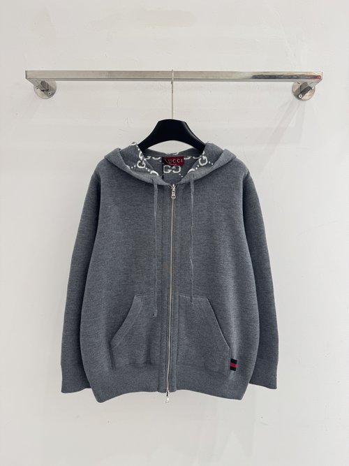 Gucci Reversible Knit Hoodie with GG Pattern, Metal Zipper Detail