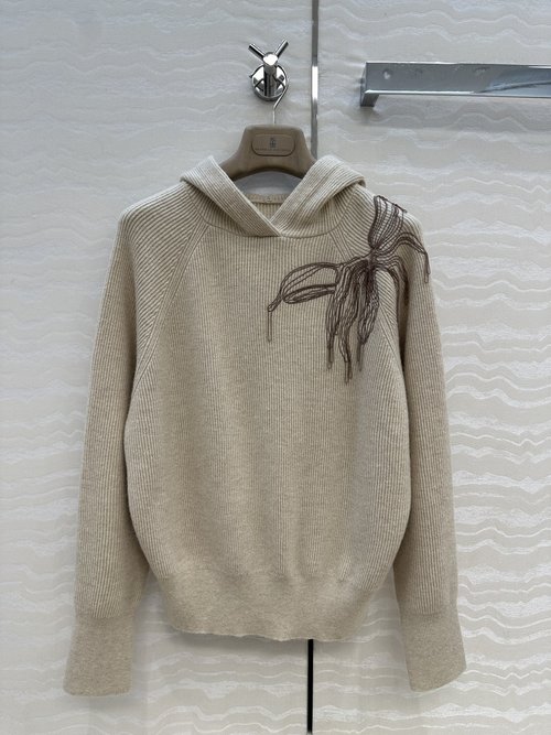 Brunello Cucinelli Copper Chain Embroidered Hooded Sweater, Made of Imported Wool Yarn with Swiss Weaving