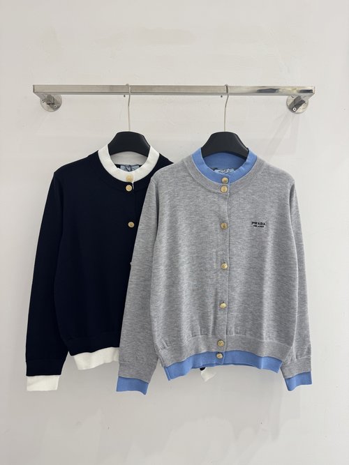 Prada Round-Neck Top with Contrast Collar and Gold Accents