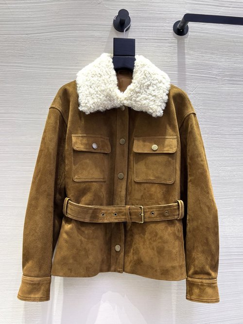 Yves Saint Laurent Waist-Contracted Mid-Length Suede Down Jacket with Detachable Lamb Wool Collar