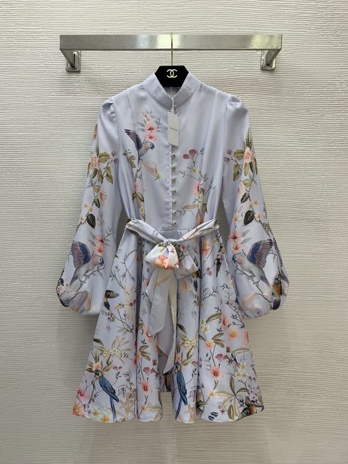 Zimmermann Linen Blend Dress with Bird and Flower Print, Belted