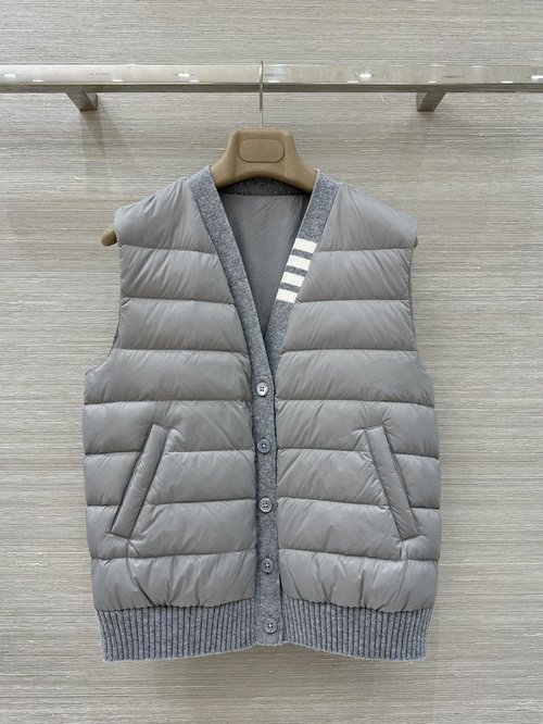 Thom Browne TB Knitted Spliced Down Vest, Lightweight and Streamlined in Classic H-Style