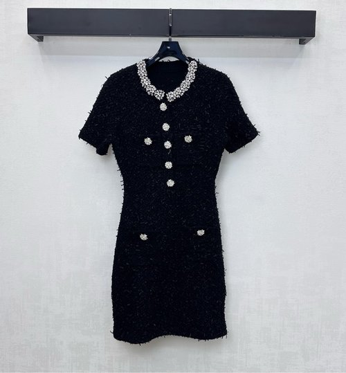 Self-Portrai Beaded Knit Dress with Rounded Buttons and Shiny Finish