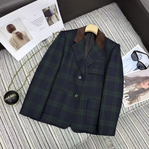 Miu Miu Dignified Color-blocked Corduroy Lapel Checked Suit Jacket with Letter Patch Embroidery