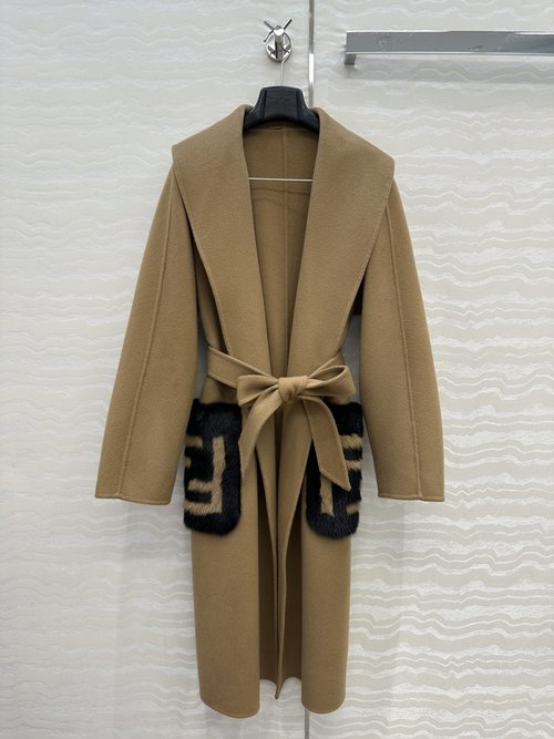 Fendi High - end Mink Fur - Pocketed Cashmere Coat with a Robe Collar