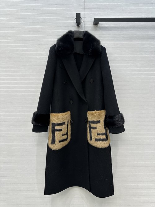 Fendi High - end Handmade Mink Fur Cashmere Coat with a Removable Collar